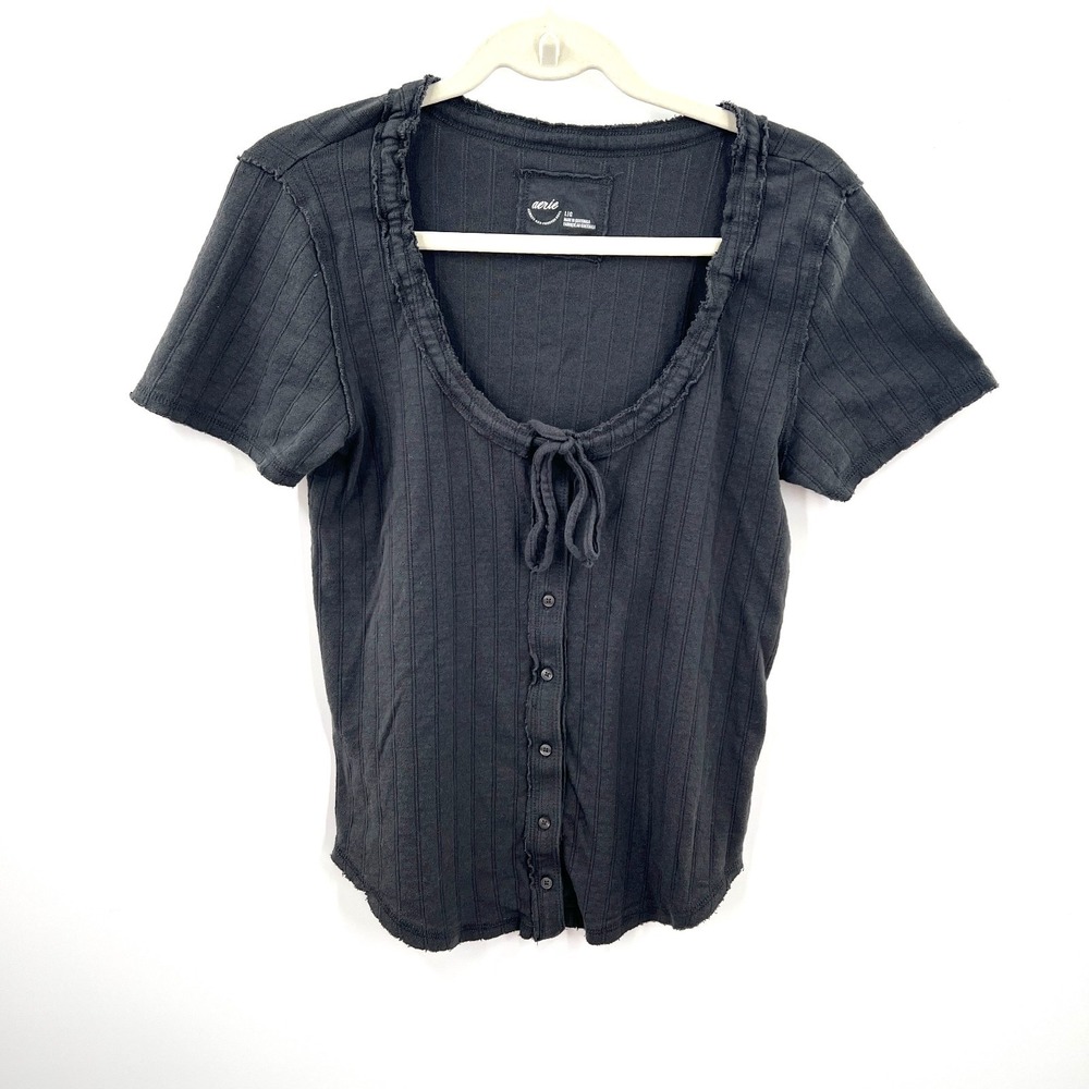 Aerie American Eagle scoop neck gray pointelle top cute boho cottagecore cute L